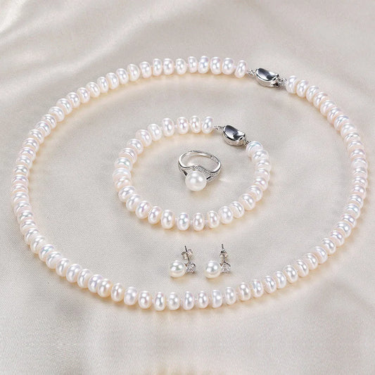 White Natural Freshwater Pearls Necklace, Bracelet, Earrings Jewelry Set