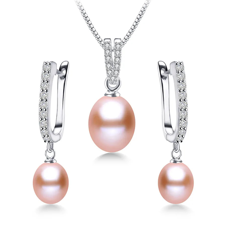 Horseshoe Freshwater Pearl Earrings & Necklace Jewelry Set - Pink