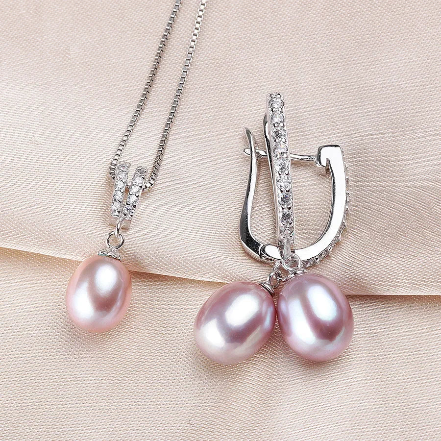 Horseshoe Freshwater Pearl Earrings & Necklace Jewelry Set - Purple