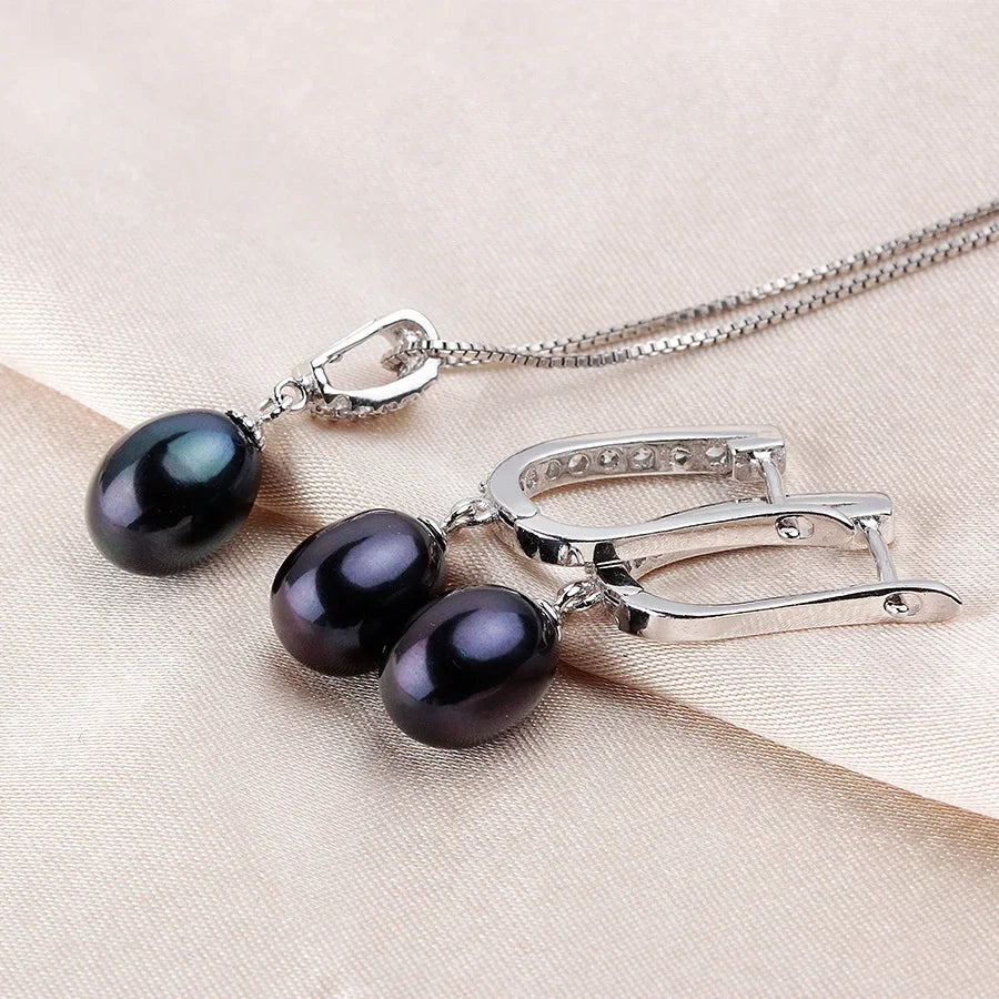 Horseshoe Freshwater Pearl Earrings & Necklace Jewelry Set - Black