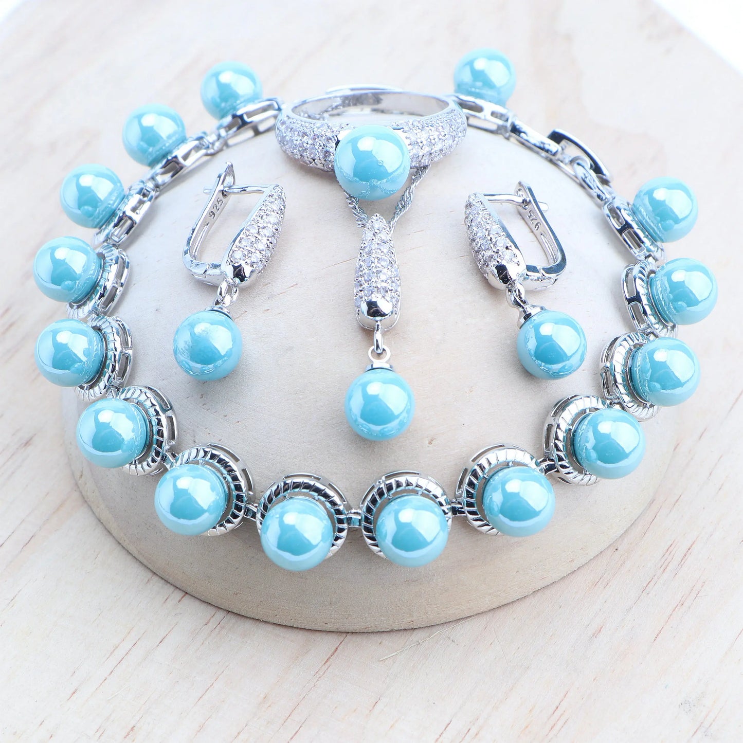 Pearl Earrings, Necklace, Bracelet, & Ring Jewelry Set - Light Blue