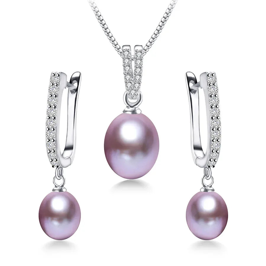 Horseshoe Freshwater Pearl Earrings & Necklace Jewelry Set - Purple