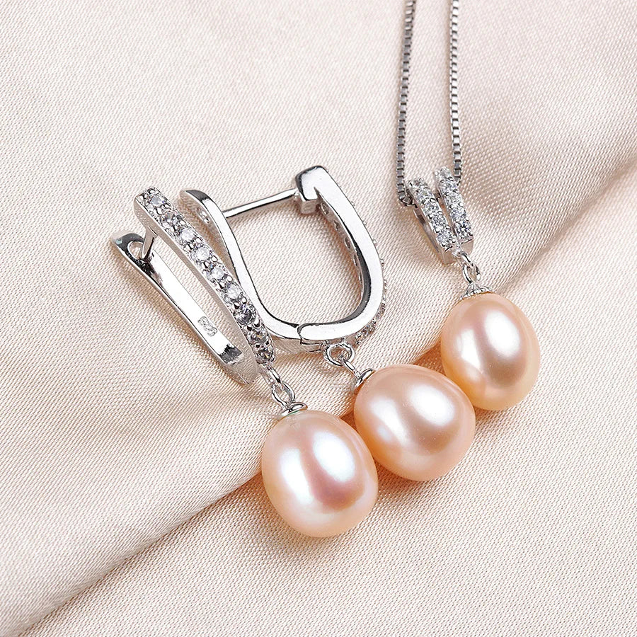 Horseshoe Freshwater Pearl Earrings & Necklace Jewelry Set - Pink